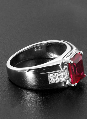 红宝石戒指男925纯银镀白金轻奢