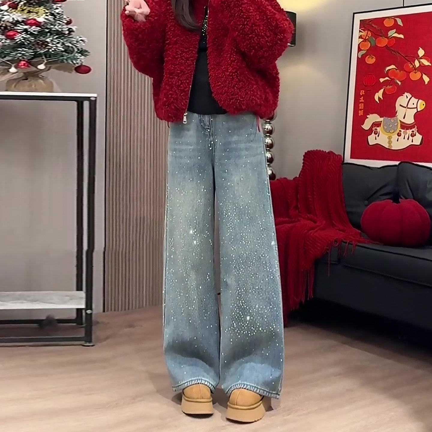 复古蓝色爆闪烫钻阔腿牛仔裤女2026春季新款小个子巨好看直筒裤子,淘宝优惠券,粉丝福利购,淘宝优惠卷
