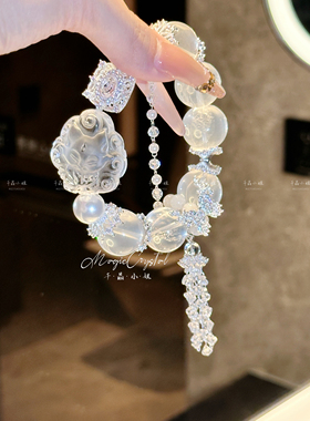 月神•天然巨无霸奶白晶白水晶狐狸狐牌手串流苏设计款轻奢小众女