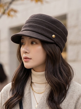 日系羊毛呢褶皱马术帽女鸭舌帽