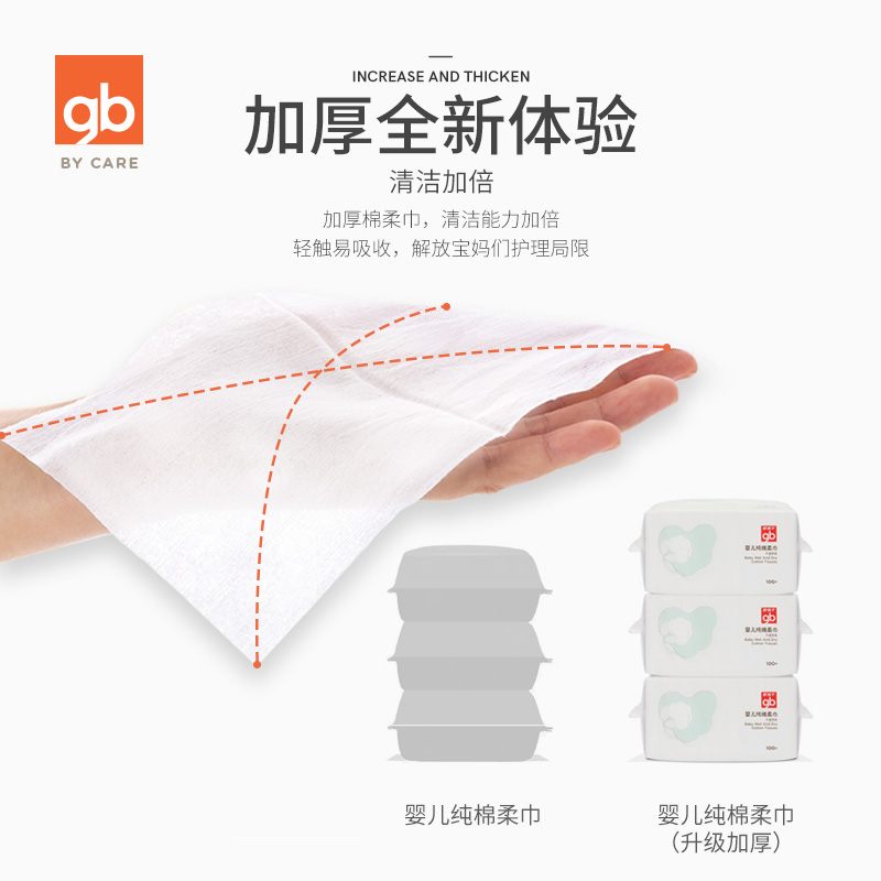 好孩子官方旗舰店GB好孩子婴儿新款加厚纯棉柔巾100片6包非湿巾干湿两用洗脸棉柔巾2