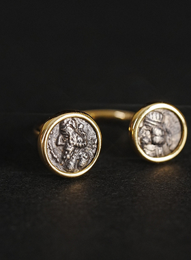 有生珠宝高品质帕提亚小国王开口古币戒指18k厚金古银币戒指