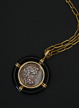 有生珠宝古希腊时期宙斯黑玛瑙古币翻转吊坠射手座守护神18k吊坠