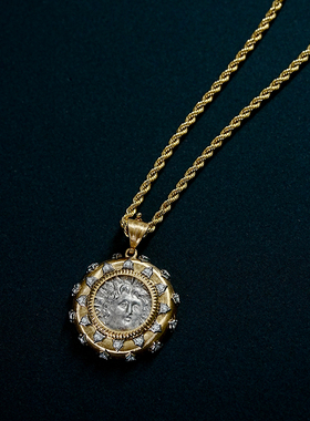 超级重磅布契拉提风太阳神古币吊坠项链18k复古拉丝钻石镶嵌吊坠