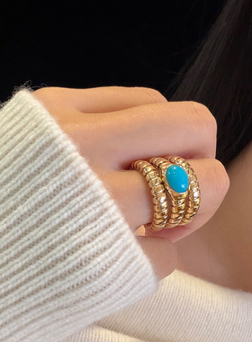 有生珠宝天然原矿睡美人绿松石弹簧戒指18k厚金简约时髦戒指