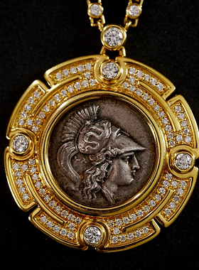 超级重磅宝家同款收藏级智慧女神雅典娜银币项链18k金满钻毛衣链