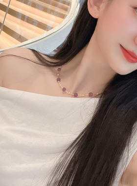 高品质天然满天星紫水晶设计感小众18k金项链手工锁骨链