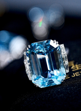 超级大克拉晶体通透高品质海蓝宝戒指简约大气设T方钻石厚金戒指