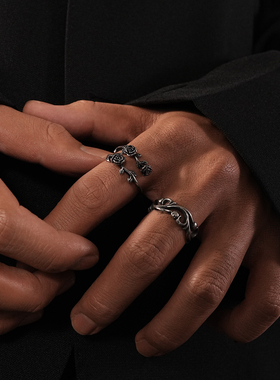 暗黑复古银藤曼玫瑰花朵开口戒指