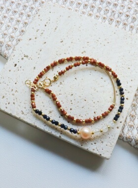 淡水珍珠金沙石甜酷民族手链双层