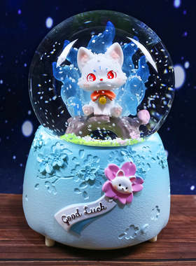 中国风九尾狐发光飘雪花水晶球音乐盒八音盒创意古风生日圣诞礼物
