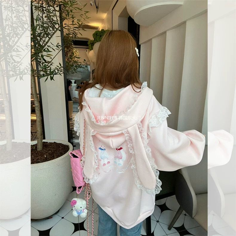 超大码300斤可爱兔耳朵连帽卫衣外套女春秋甜美减龄宽松开衫上衣 - 图2