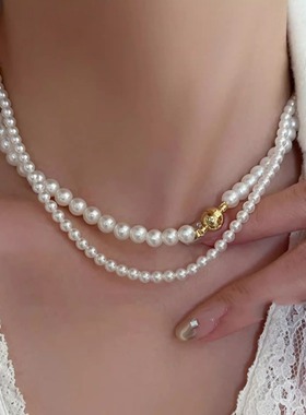 轻奢小众~圆球磁吸扣玻璃珍珠项链锁骨链高级感串珠锁骨链气质