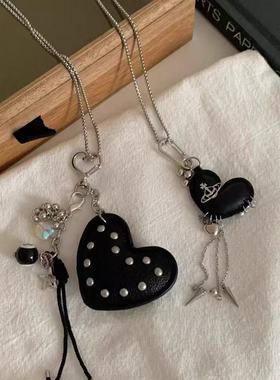 黑色铆钉爱心8号台球土星流苏项链毛衣链小众高级感百搭气质颈链