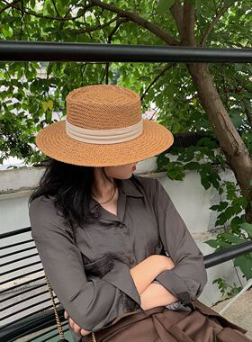 网红平顶草帽女夏时尚沙滩帽遮阳防晒复古法式平沿帽子小清新礼帽