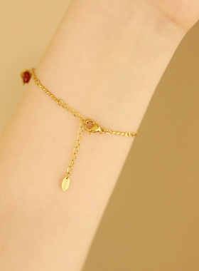 复古风金色亮片樱桃红色玛瑙珠珠细链金色手链钛钢镀K金不掉色