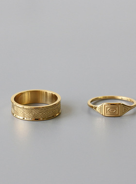 复古风图腾菱形格纹套戒组合戒指金色指环食指戒钛钢镀18K金保色