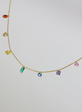 多巴胺少女风彩虹水滴锆石七色钻项链金色锁骨链钛钢镀K金不掉色