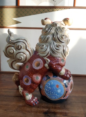 阅古斋日本九谷狮子彩瓷文房案头狮居家装饰摆件中古品文房狮包邮