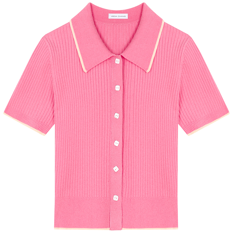 VEGA CHANG粉色针织衫女2024年夏季新款甜美气质减龄POLO领开衫