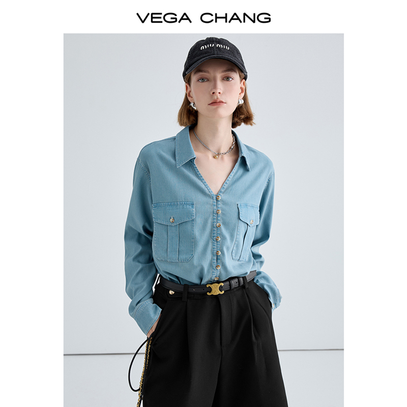 VEGA CHANG牛仔衬衫女2024年秋新款复古港风气质莱赛尔长袖衬衣