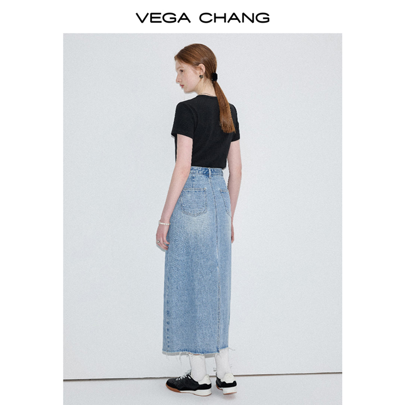 VEGA CHANG牛仔半身裙女2024年夏季新款复古设计感绑带毛边长裙子