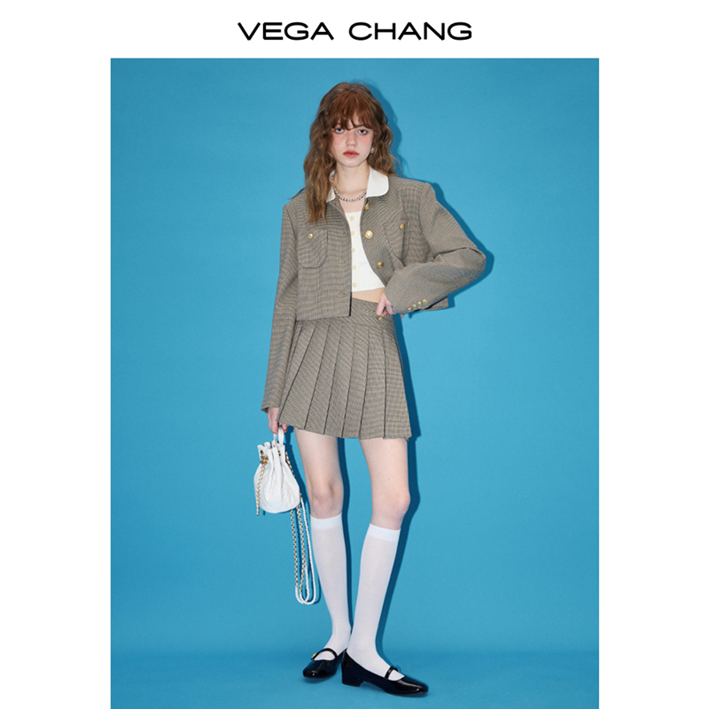 VEGA CHANG格纹休闲套装女秋娃娃领外套百褶裙洋气减龄两件套裙 - 图0