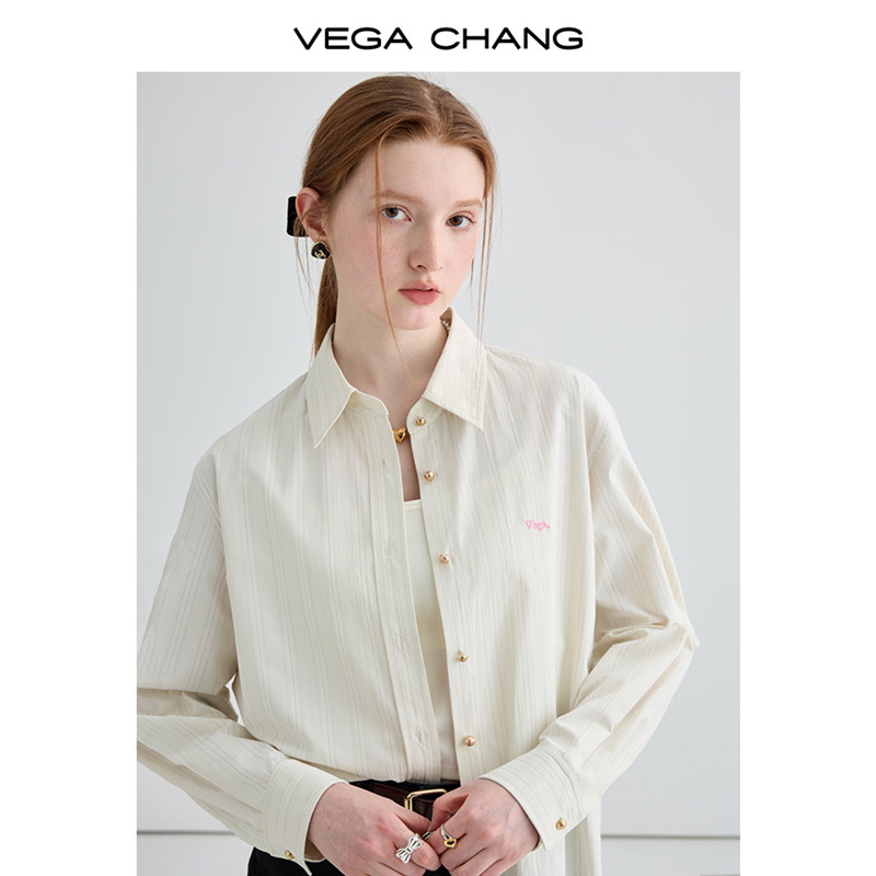 VEGA CHANG条纹衬衫女2024年秋季新款宽松廓形显瘦刺绣长袖衬衣-图0