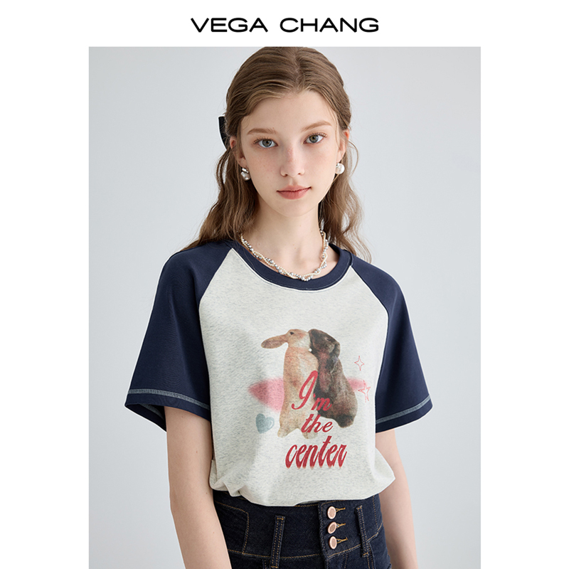 VEGA CHANG印花短袖T恤女2024年夏新款美式复古宽松显瘦圆领上衣-图2