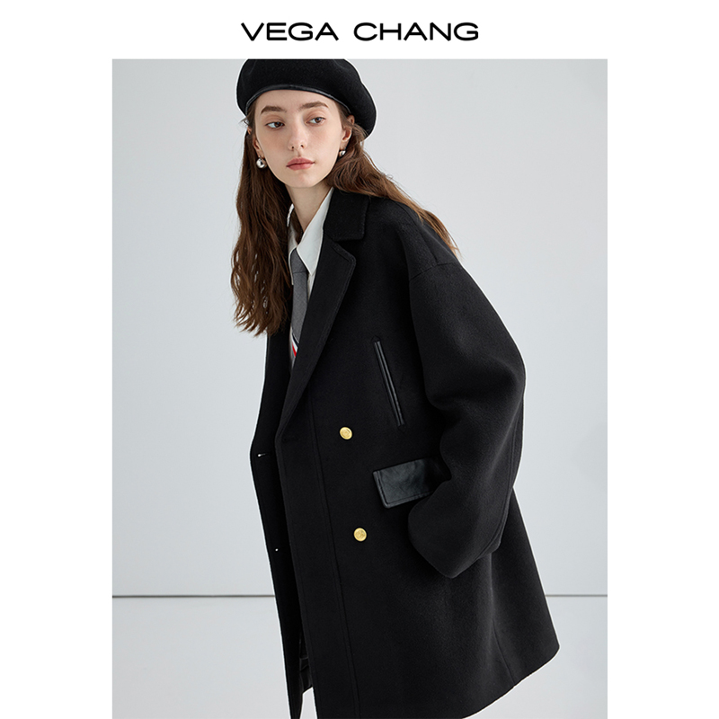 VEGA CHANG赫本风羽绒大衣女冬小个子学院风高级感黑色毛呢外套 - 图2