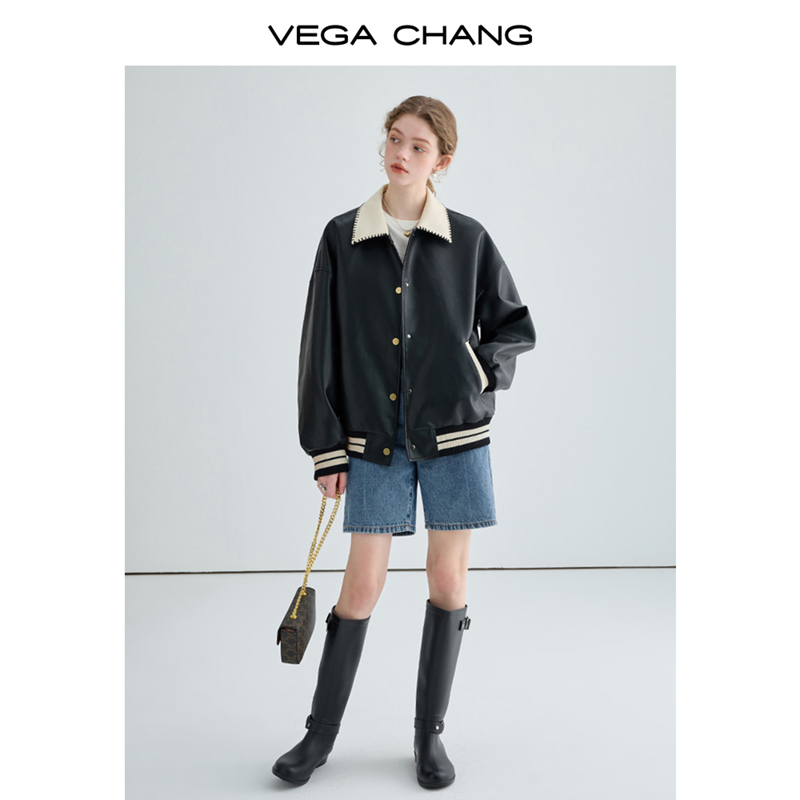 VEGA CHANG机车风皮衣春秋女2024年新款拼色方领宽松黑色pu皮夹克 - 图0