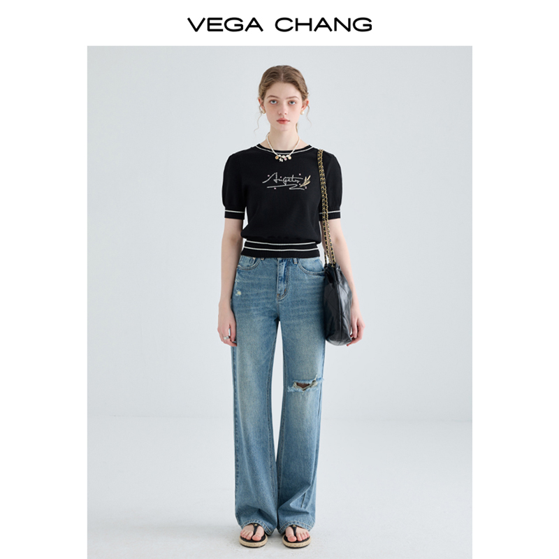 VEGA CHANG破洞牛仔裤女2024年秋季新款复古时尚垂感拖地直筒裤子