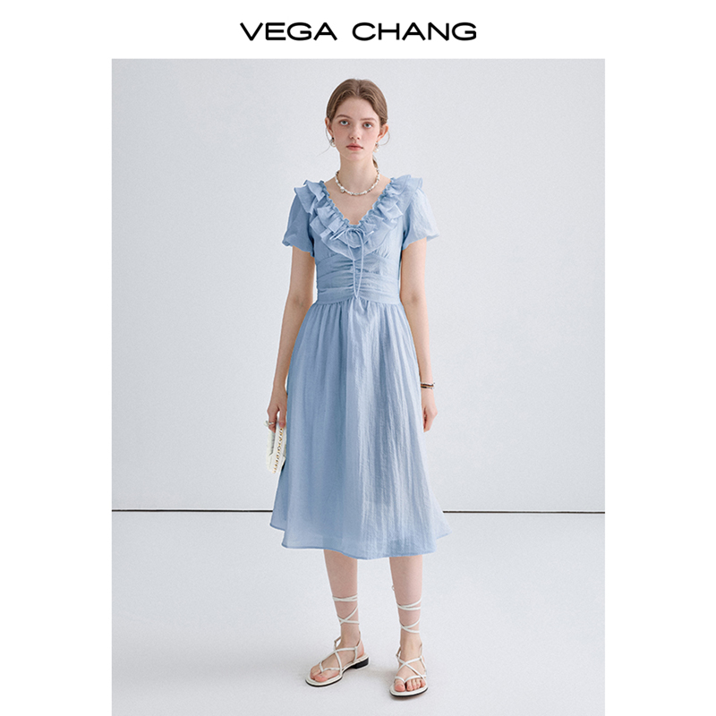 VEGA CHANG法式连衣裙女2024年夏季新款设计感收腰显瘦花边领长裙