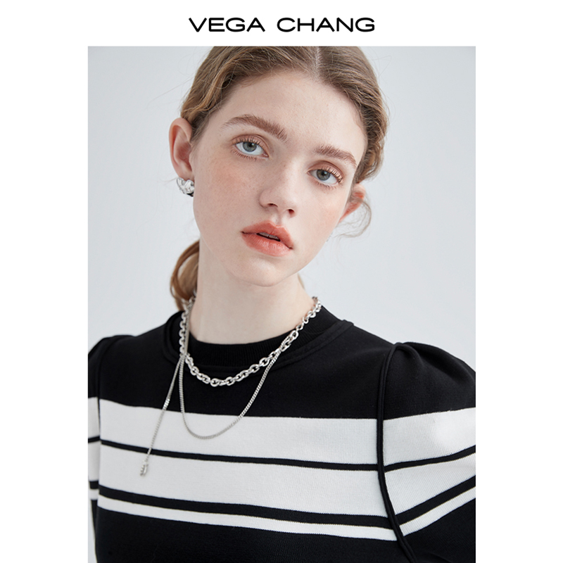 VEGA CHANG条纹针织t恤女设计感小众收腰显瘦泡泡袖针织上衣夏款