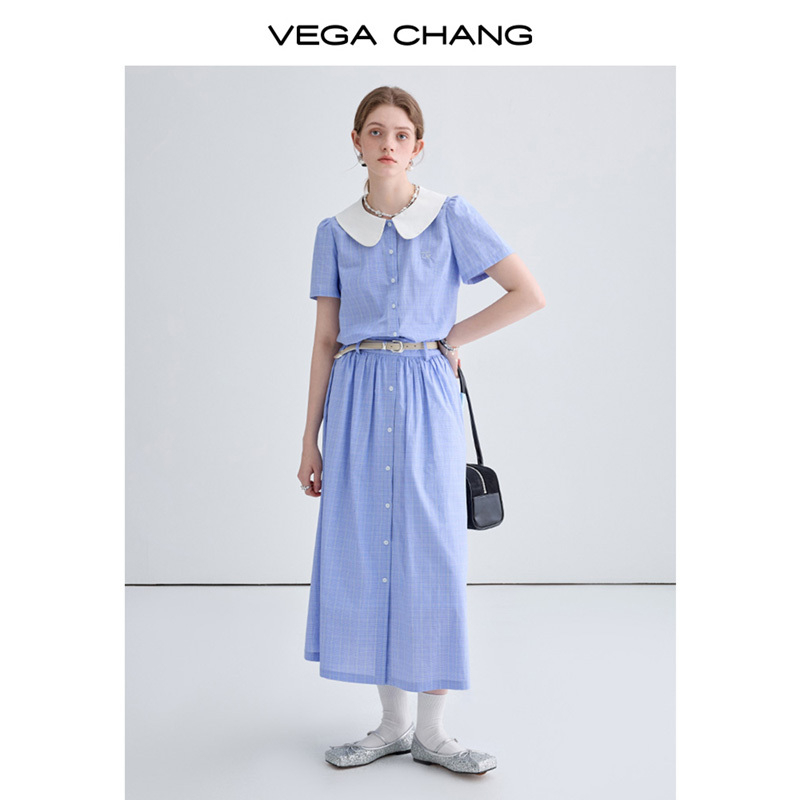 VEGA CHANG时尚套装女2024年夏季新款格子衬衫长裙洋气减龄两件套-图0