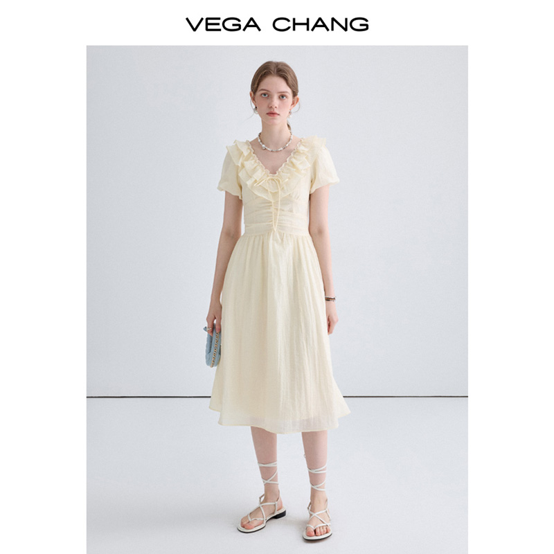 VEGA CHANG连衣裙女2024年夏季新款小个子收腰显瘦法式荷叶领裙子-图0