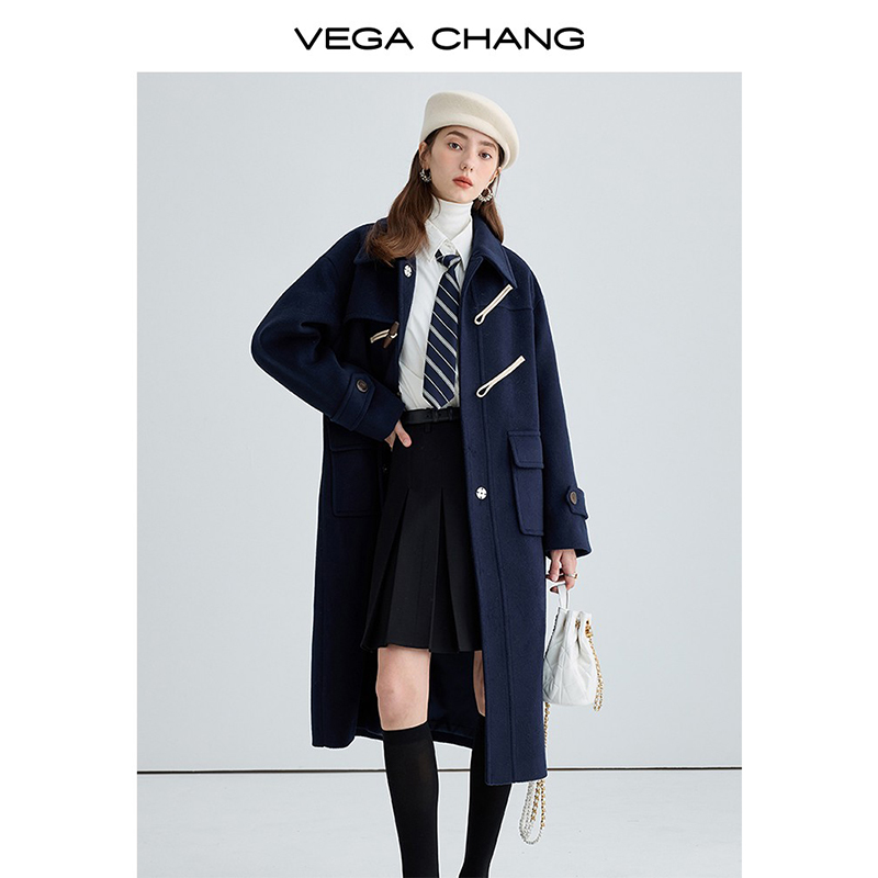 VEGA CHANG牛角扣呢子大衣女冬2023新款学院风加厚毛呢外套小个子