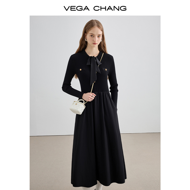 VEGACHANG黑色长袖连衣裙