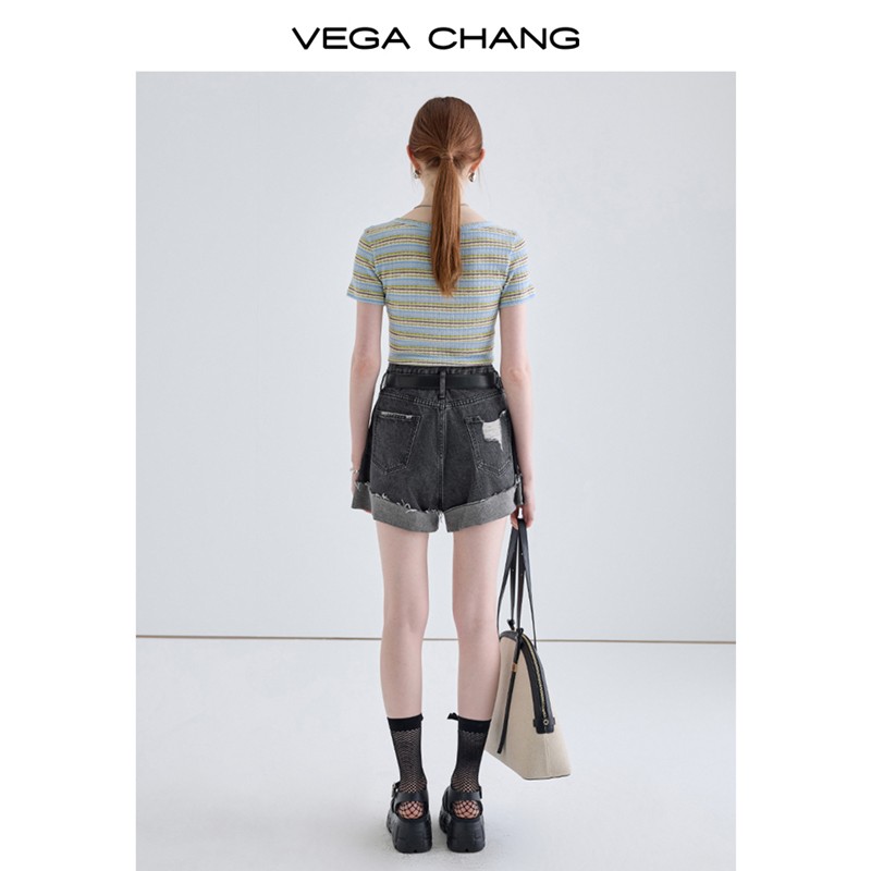VEGA CHANG牛仔短裤女2024年夏新款设计感小众显瘦高腰卷边裤子
