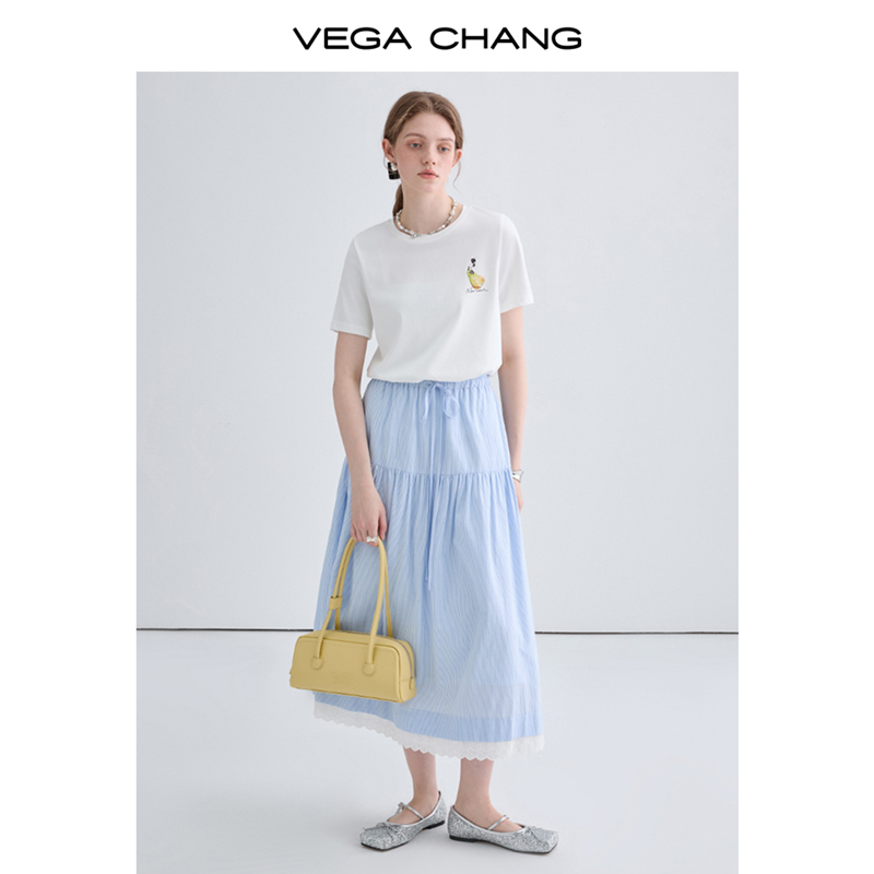 VEGA CHANG条纹半身裙女2024年夏季新款蕾丝花边拼接高腰蛋糕长裙 - 图1