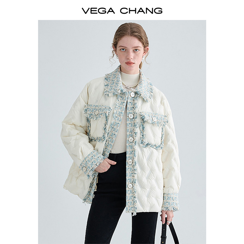 VEGA CHANG小香风羽绒服短款2023新款小个子粗花呢保暖羽绒外套-图1