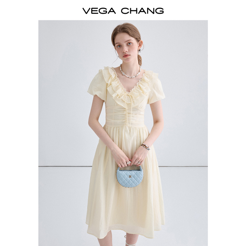 VEGA CHANG法式连衣裙女2024年夏季新款设计感收腰显瘦花边领长裙