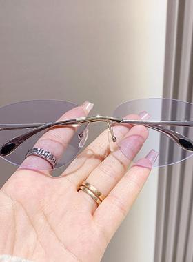 新款欧美无框个性太阳眼镜女高级感潮小框切边椭圆形复古跨境墨镜