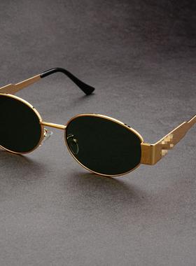 复古老钱风金属椭圆形墨镜防晒高级感小框港风凹造型凯旋门太阳镜