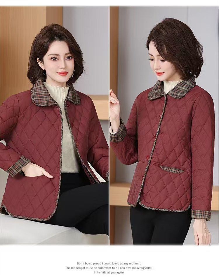 创宙 Mm2025新款时尚格子拼接加绒棉服气质妈妈装宽松保暖翻领外套