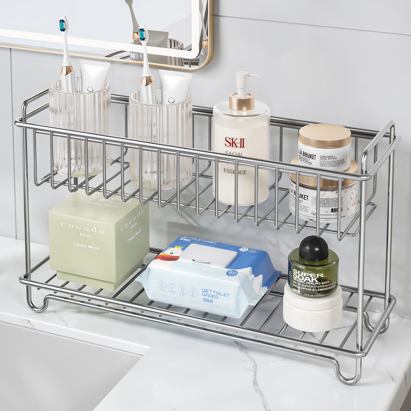 圣西陶洗漱台不锈钢置物架双层浴室收纳卫生间台面洗漱化妆品架子,淘宝优惠券,粉丝福利购,淘宝优惠卷