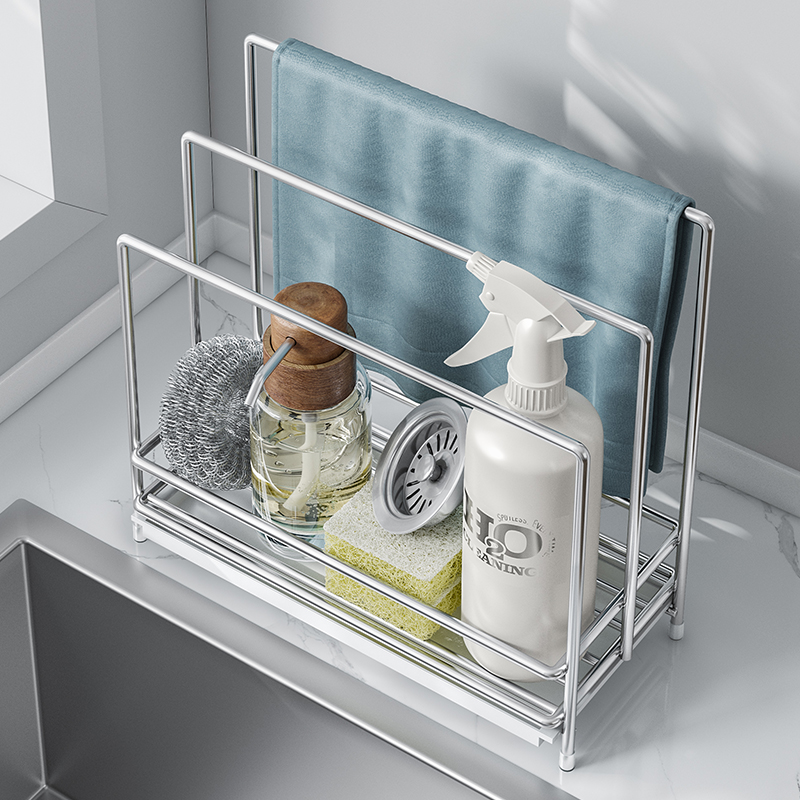 304不锈钢抹布架免打孔壁挂洗碗海绵收纳置物架厨房水槽沥水架子 - 图0