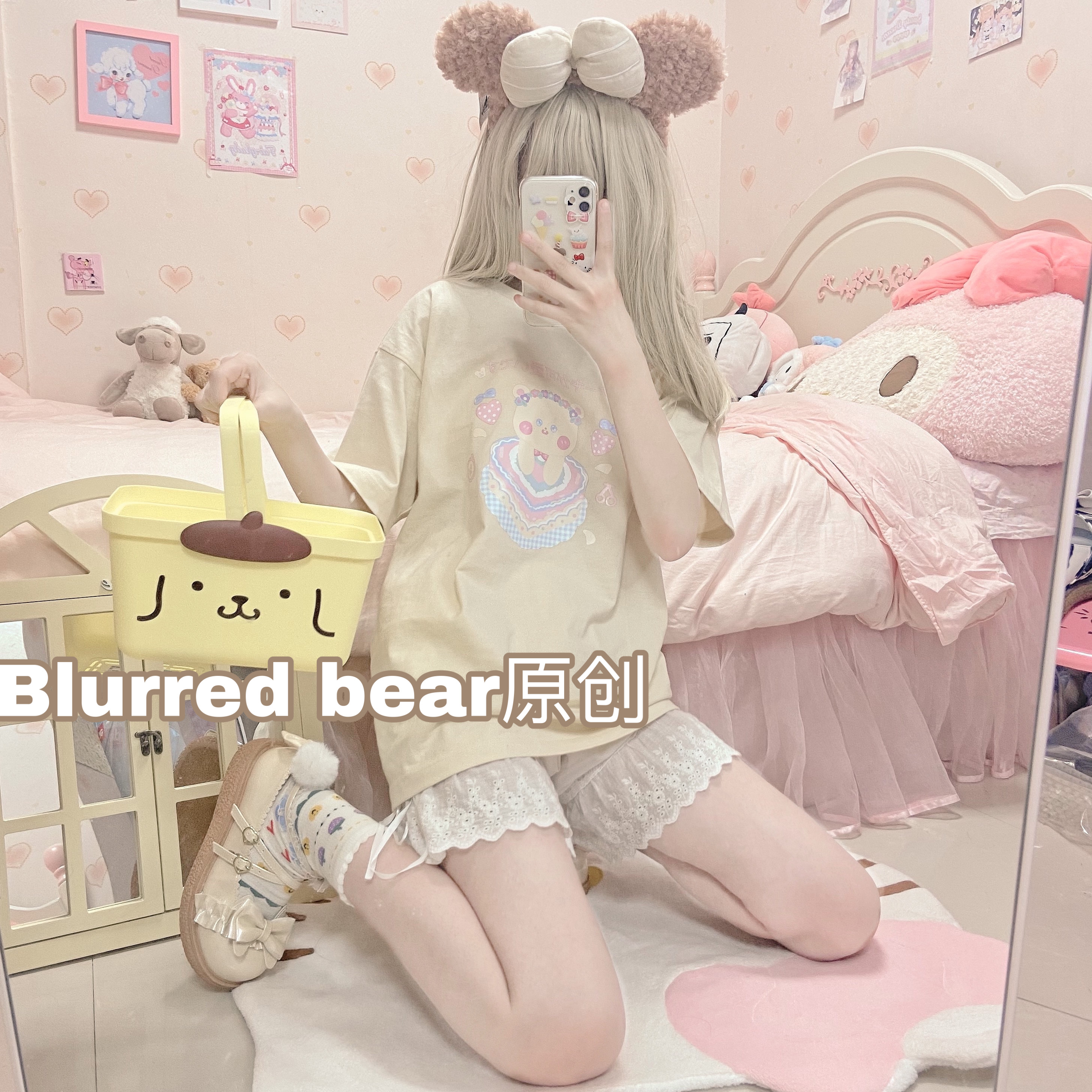 Blurred bear原创日系可爱卡通动漫软妹圆领短袖宽松百搭甜美t恤 - 图1