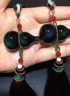 天然黑曜石福禄葫芦吊坠手机长款毛衣项链女本命兔年男挂件钥匙扣