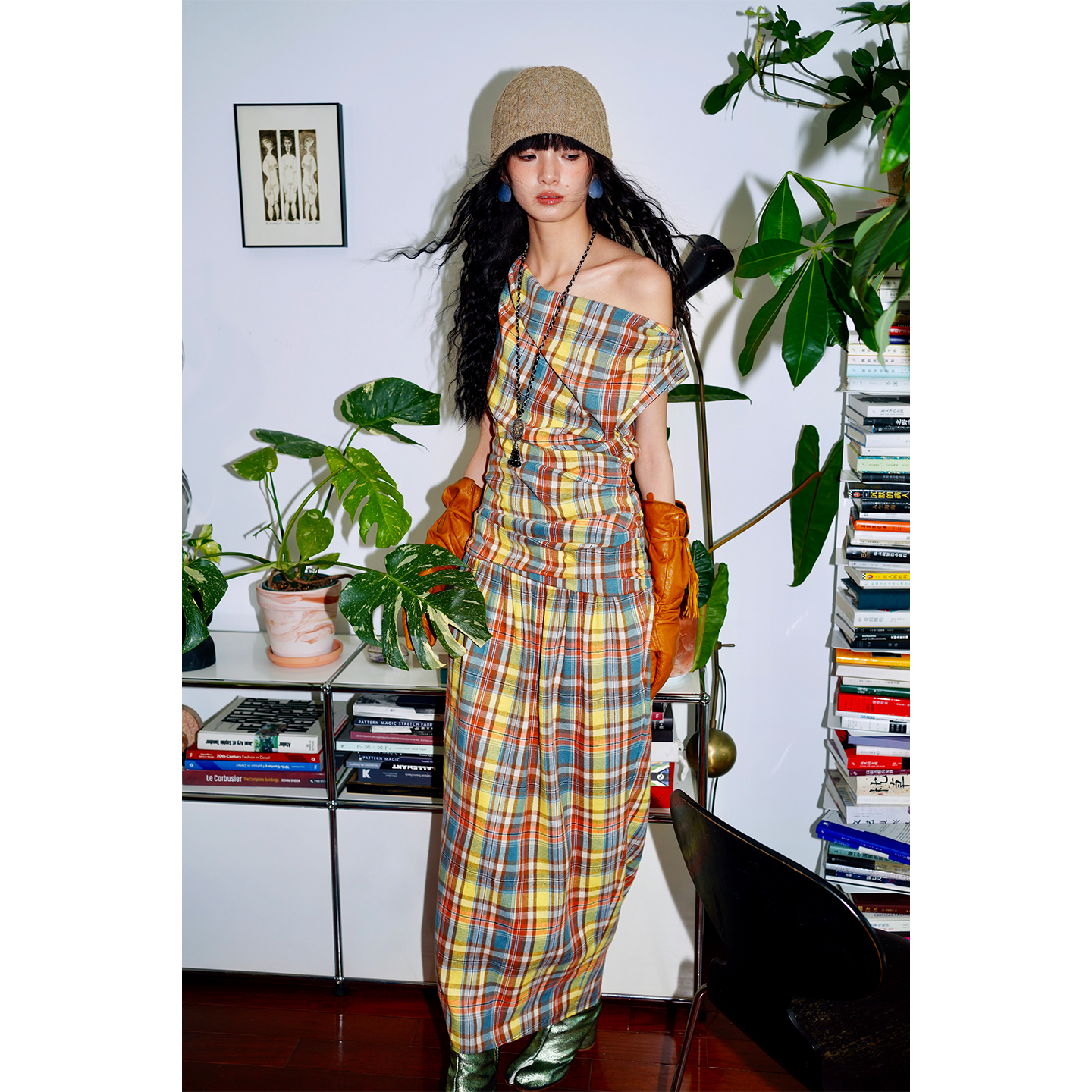 坏品味西部 复古格纹荡领立裁长款无袖小众设计连衣裙 - 图0